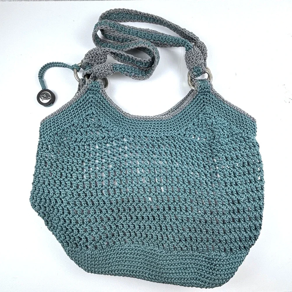 The Sak Crochet Hobo Bag Women Medium Teal Grey Boho Knit Shoulder Bag Boho